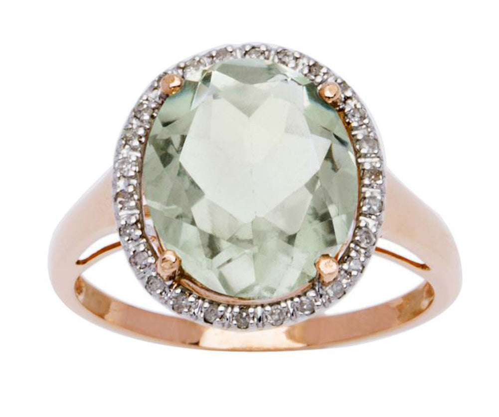 10k Rose Gold 3.50ct Oval Green Amethyst and Diamond Halo Ring