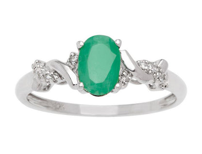 10k White Gold Oval Emerald and Braided Diamond Accent Ring