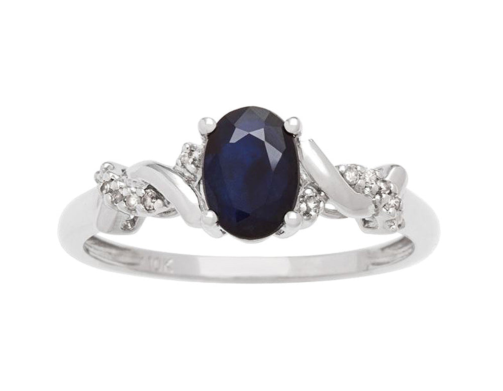 10k White Gold Oval Sapphire and Braided Diamond Accent Ring